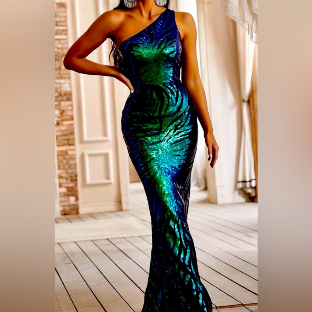 One-shoulder new sequin formal.